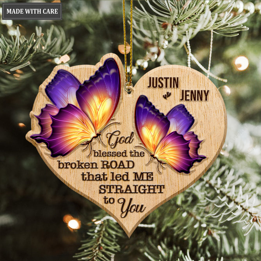 Heart Butterfly Couple God Blessed Personalized Wood Engraved Ornaments