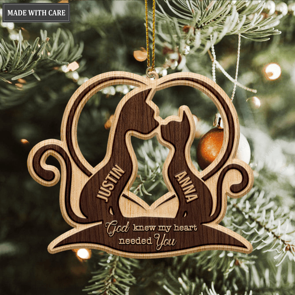 Heart Cat Couple God Knew My Heart Needed You Personalized Wood Engraved Ornaments