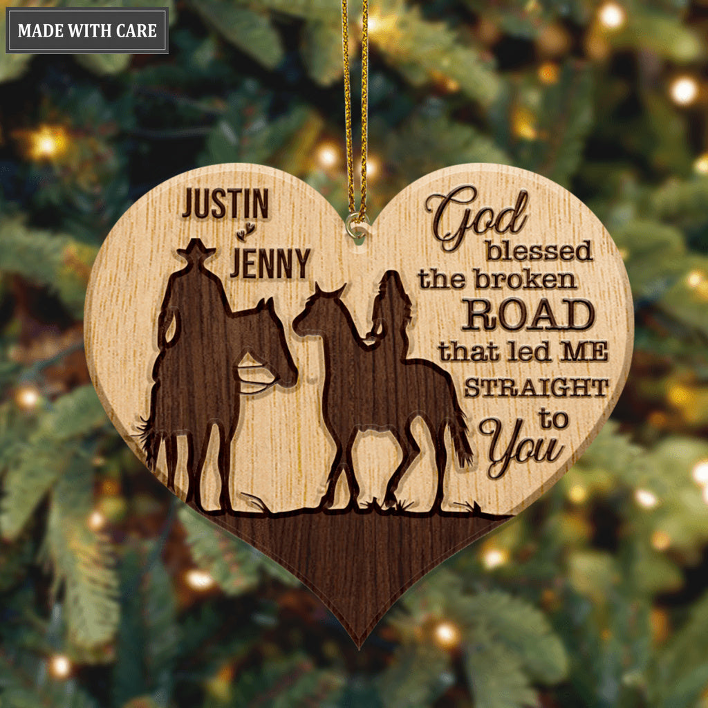 Heart Cowboy And Cowgirl God Blessed Personalized Wood Engraved Ornaments