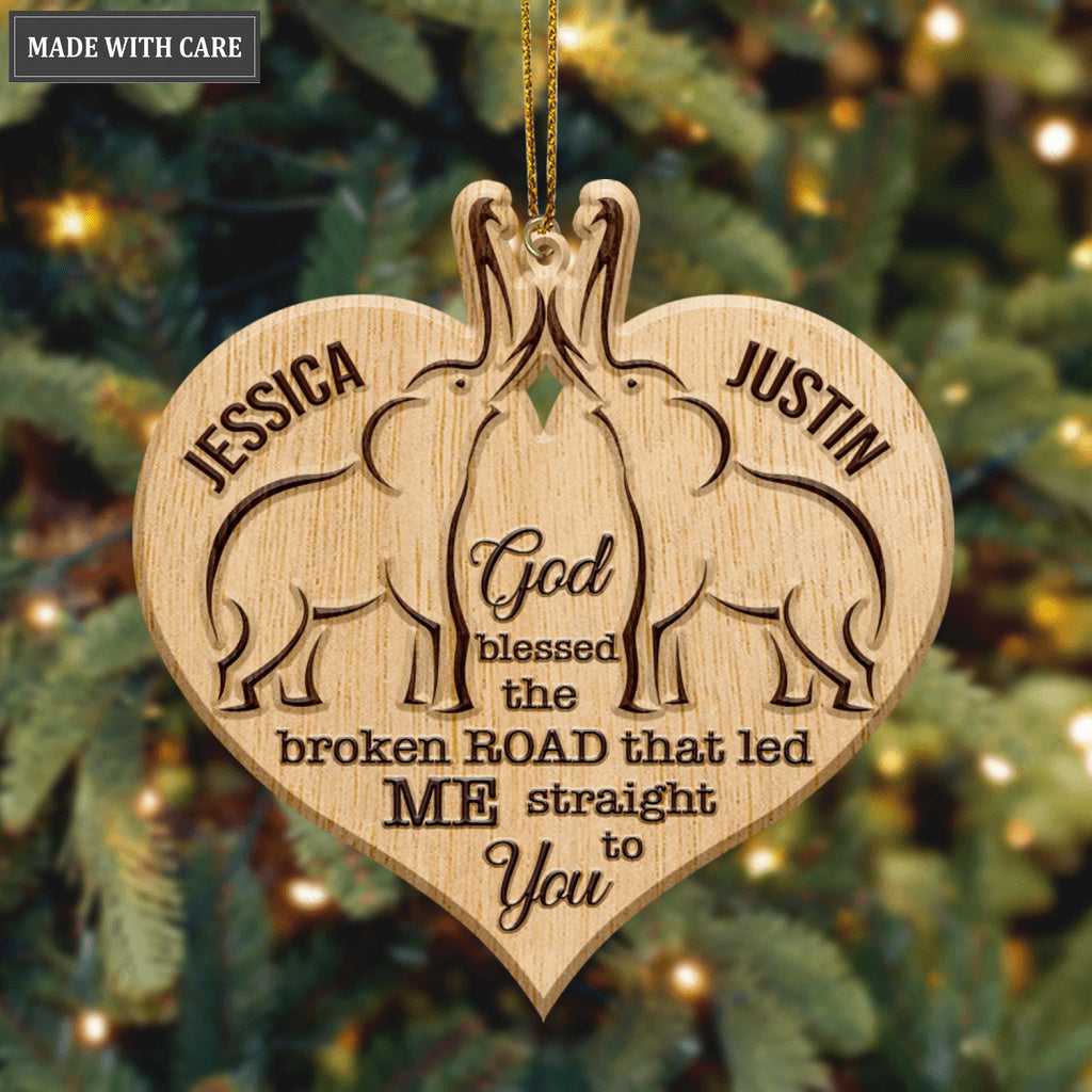 Heart Elephant Couple God Blessed Personalized Wood Engraved Ornaments