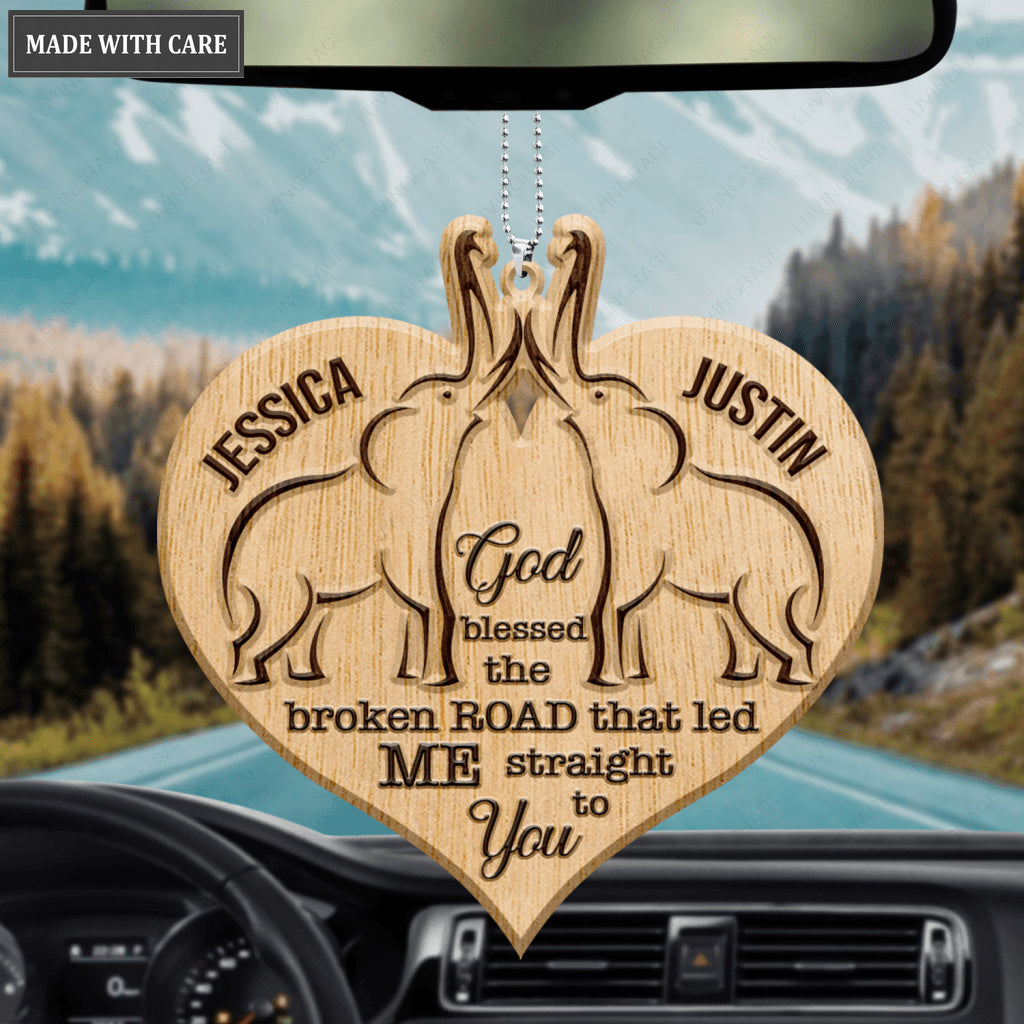 Heart Elephant Couple God Blessed Personalized Wood Engraved Ornaments