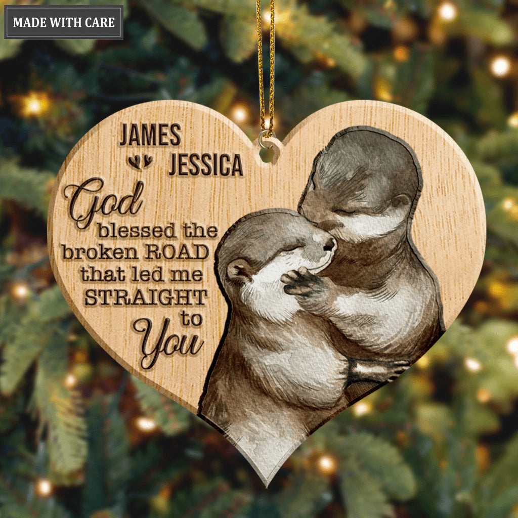 Cuddling Otter Couple God Blessed Personalized Wood Engraved Ornaments