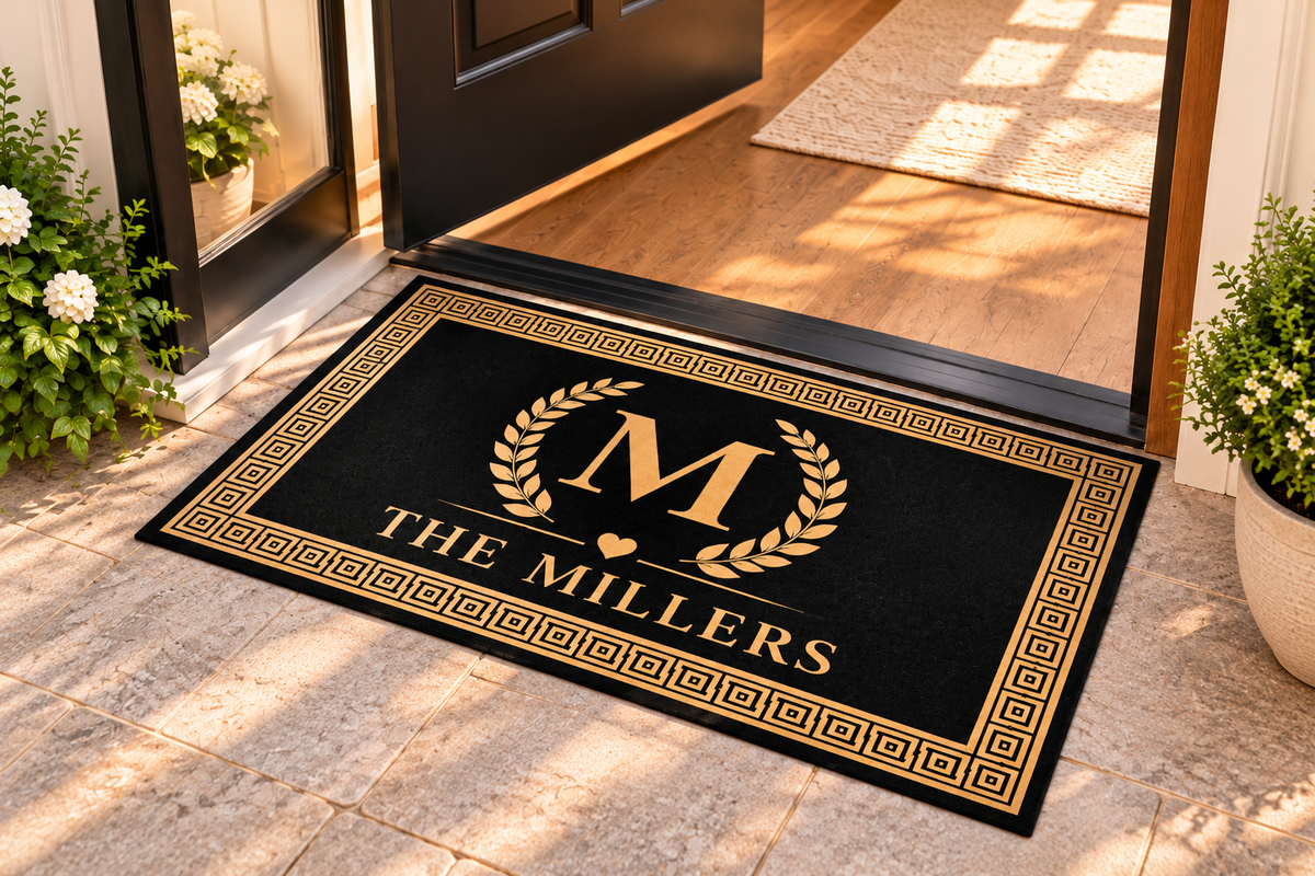 Personalized Family Name & Monogram Doormat – Elegant Greek Key Welcome Mat