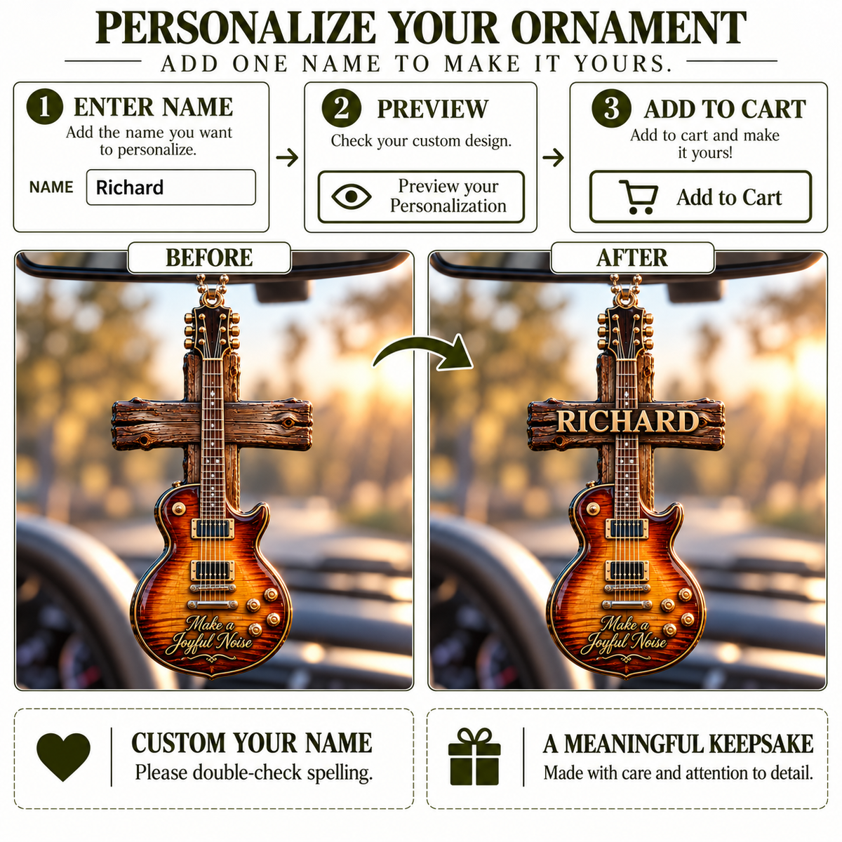 Christian Guitar Cross Vintage Decor - Personalized 3D Ornament