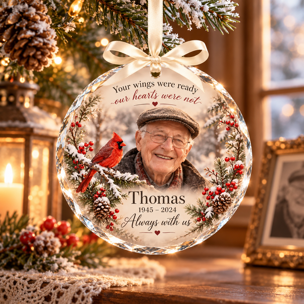 Personalized Cardinal Memorial Glass Ornament – Custom Photo, Name & Year Sympathy Gift