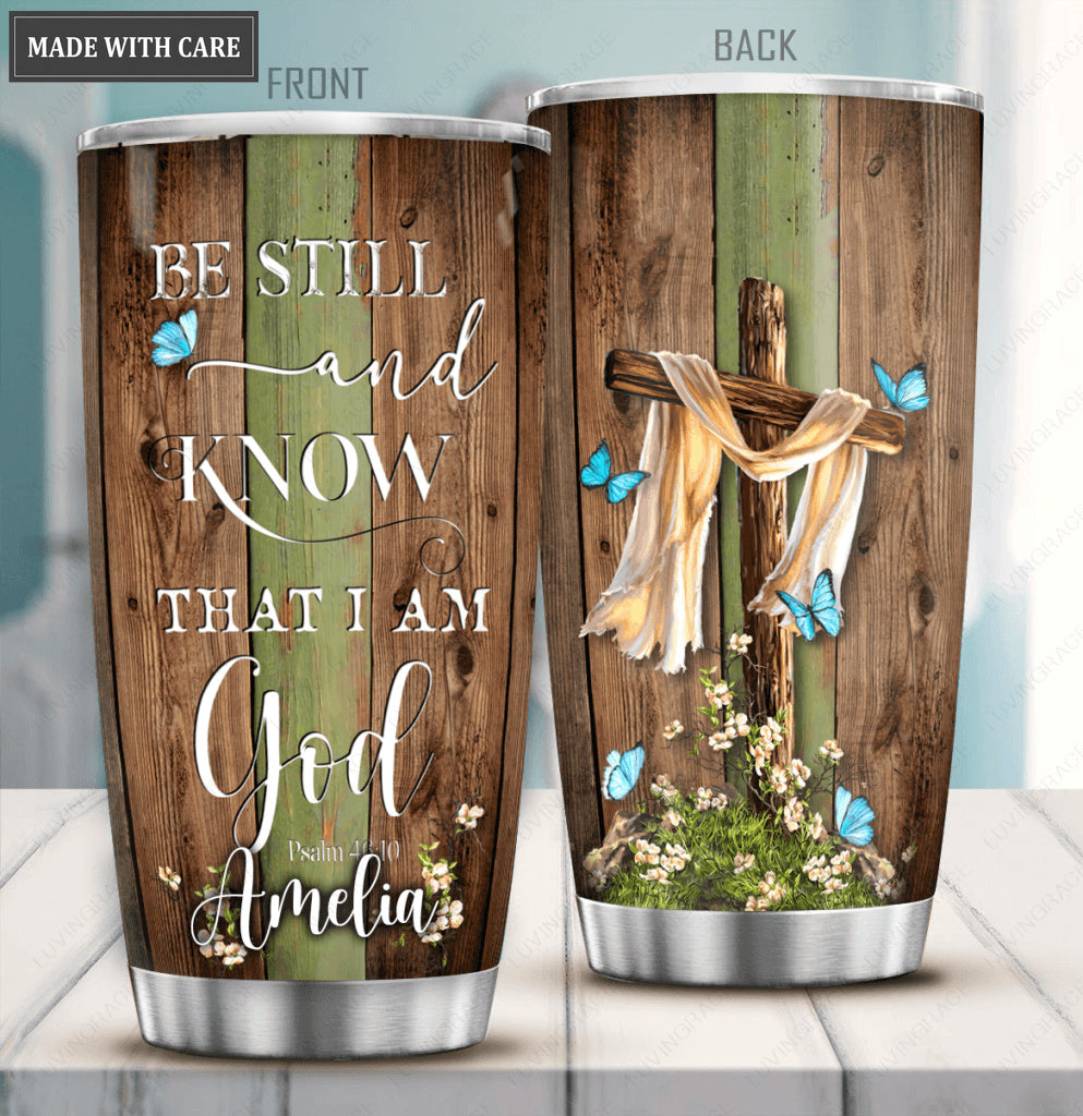 Wooden Cross Be Still Personalized Tumbler