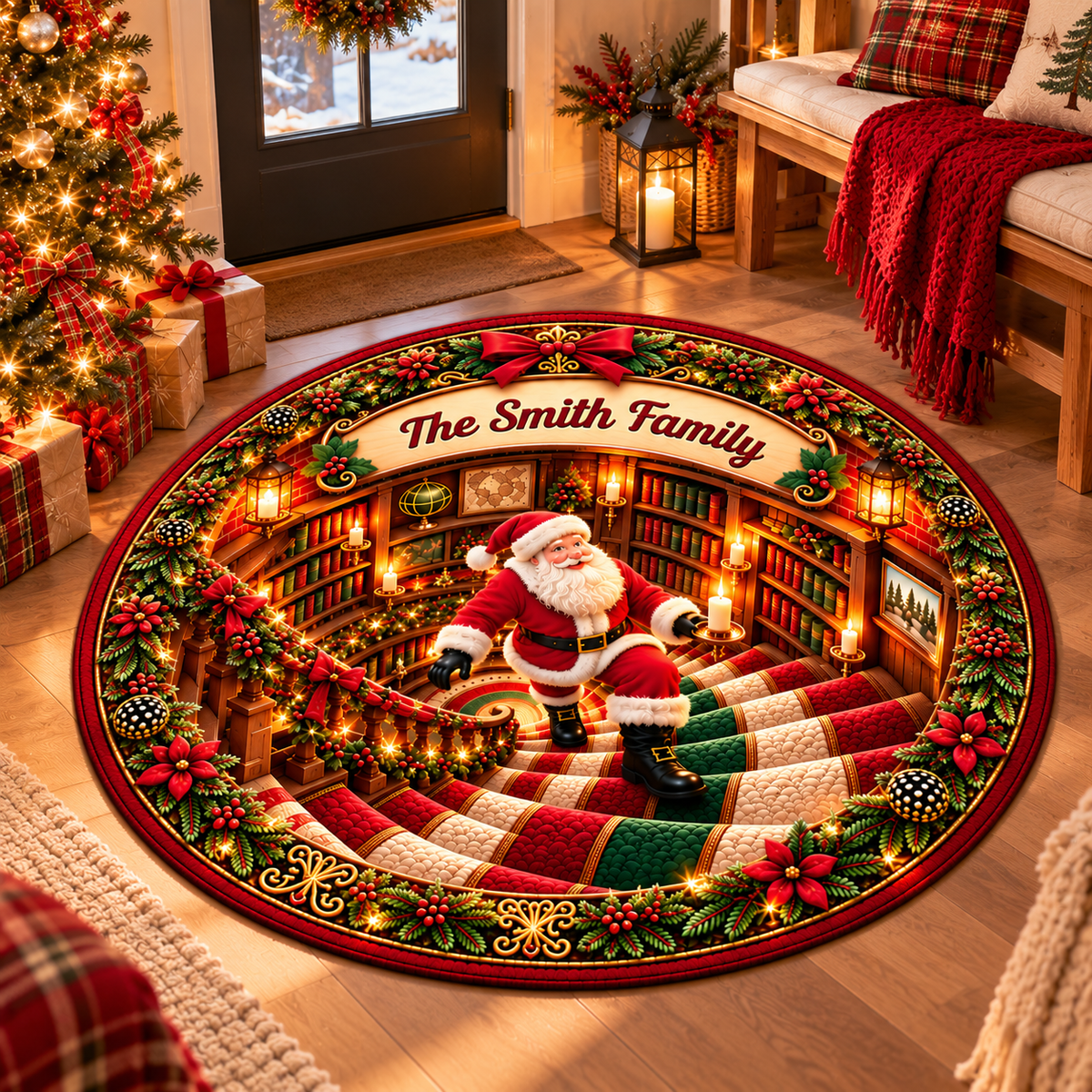 3D Personalized Christmas Santa Staircase Round Rug