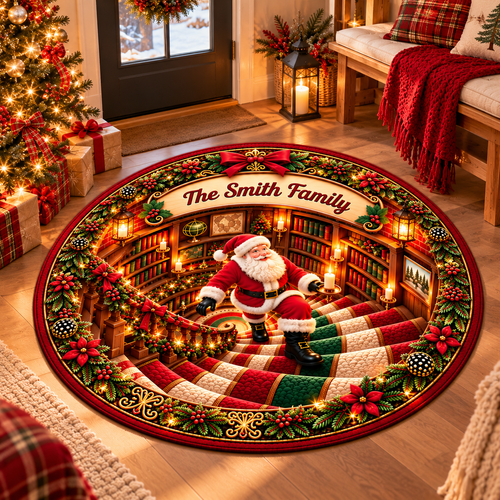 3D Personalized Christmas Santa Staircase Round Rug