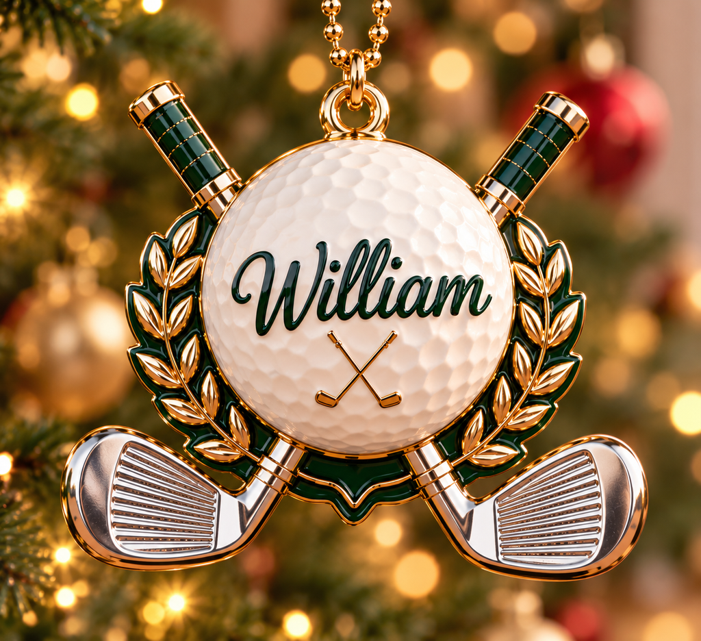 3D Personalized Name Golf Ball & Crossed Clubs Ornament