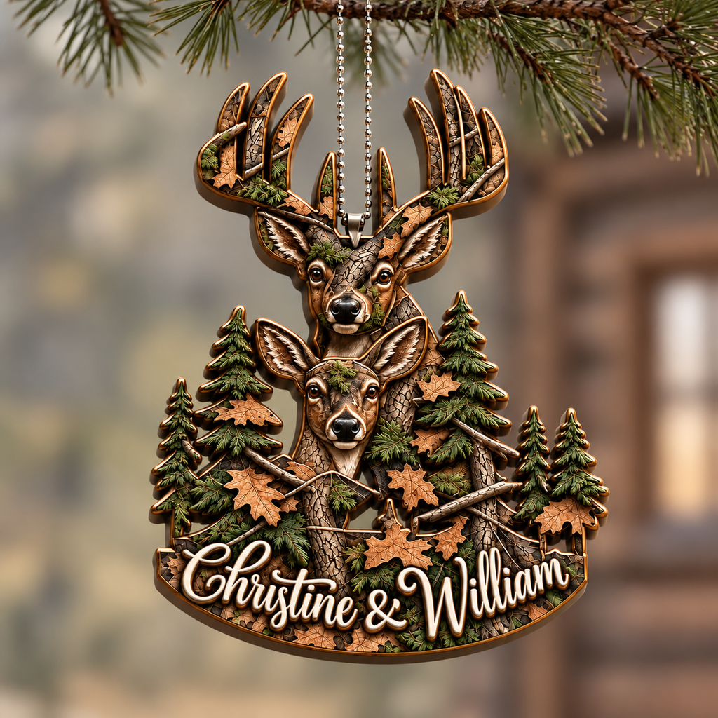 3D Raised Personalized Names Hunting Deer Couple Ornament - Anniversary Gifts