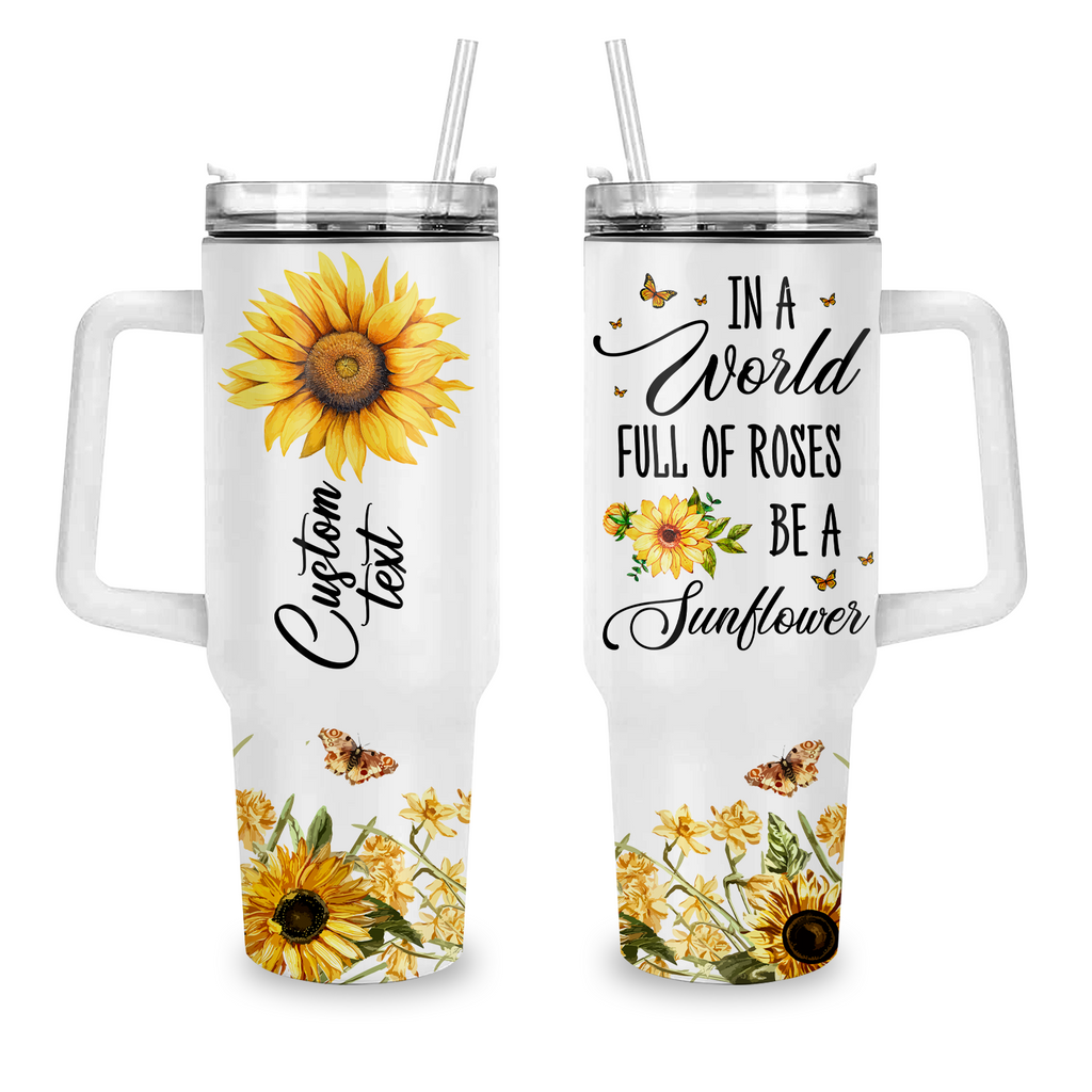 Butterfly Be A Sunflower 40 Oz Tumbler With Handle - Personalized Stainless Steel Tumbler