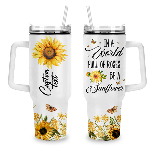 Butterfly Be A Sunflower 40 Oz Tumbler With Handle - Personalized Stainless Steel Tumbler