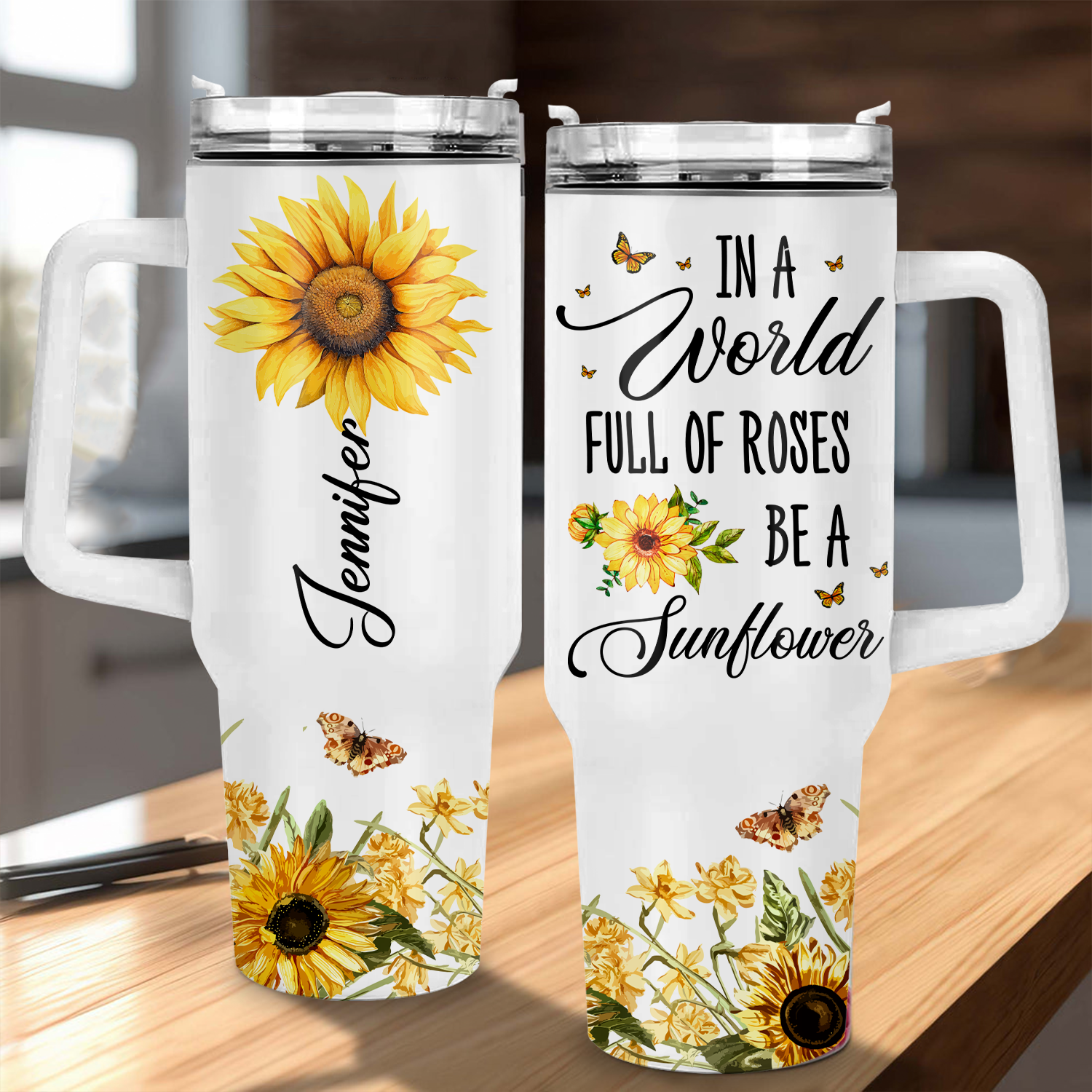 Butterfly Be A Sunflower 40 Oz Tumbler With Handle - Personalized Stainless Steel Tumbler