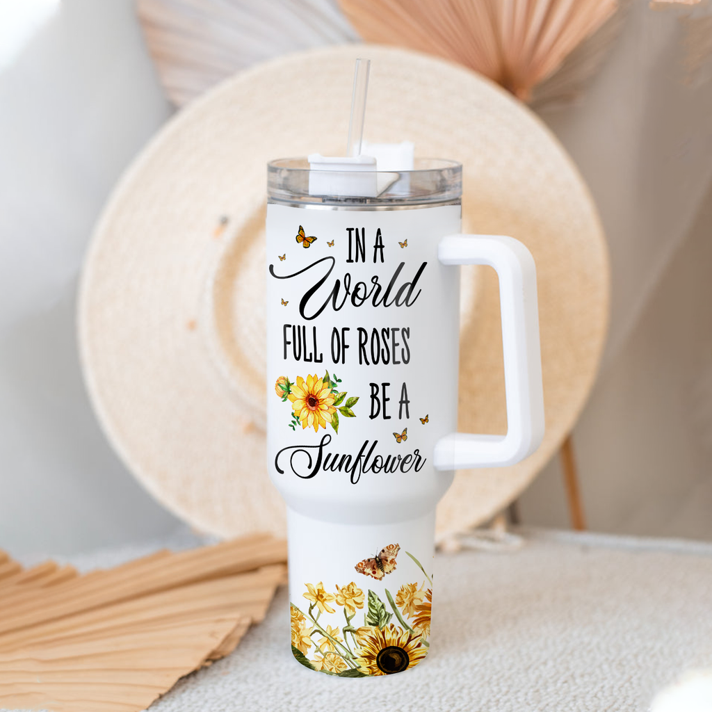 Butterfly Be A Sunflower 40 Oz Tumbler With Handle - Personalized Stainless Steel Tumbler