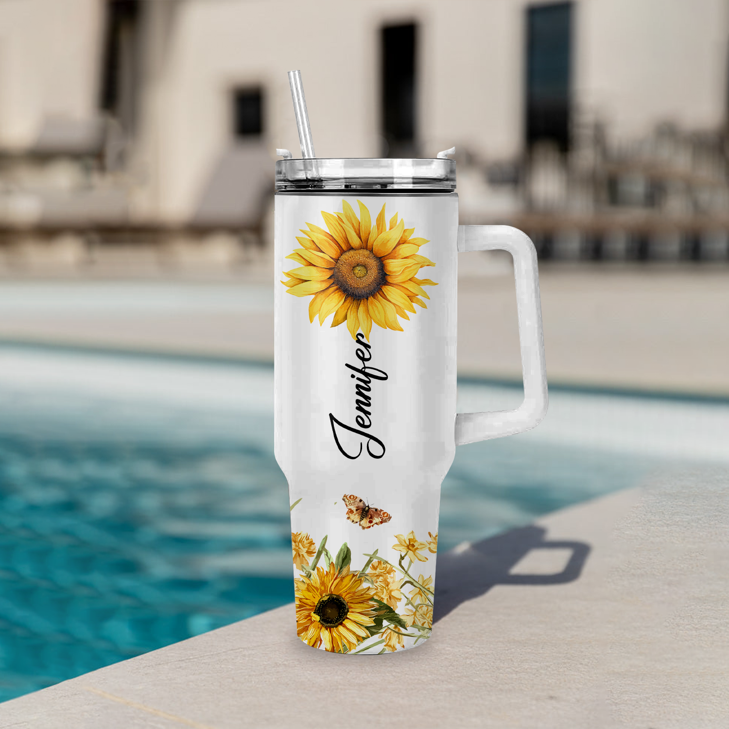 Butterfly Be A Sunflower 40 Oz Tumbler With Handle - Personalized Stainless Steel Tumbler