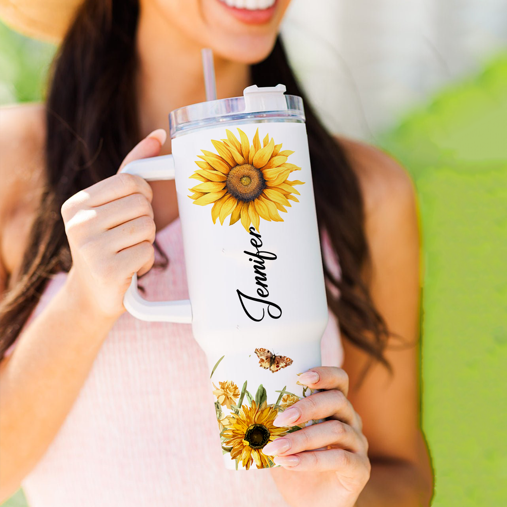 Butterfly Be A Sunflower 40 Oz Tumbler With Handle - Personalized Stainless Steel Tumbler