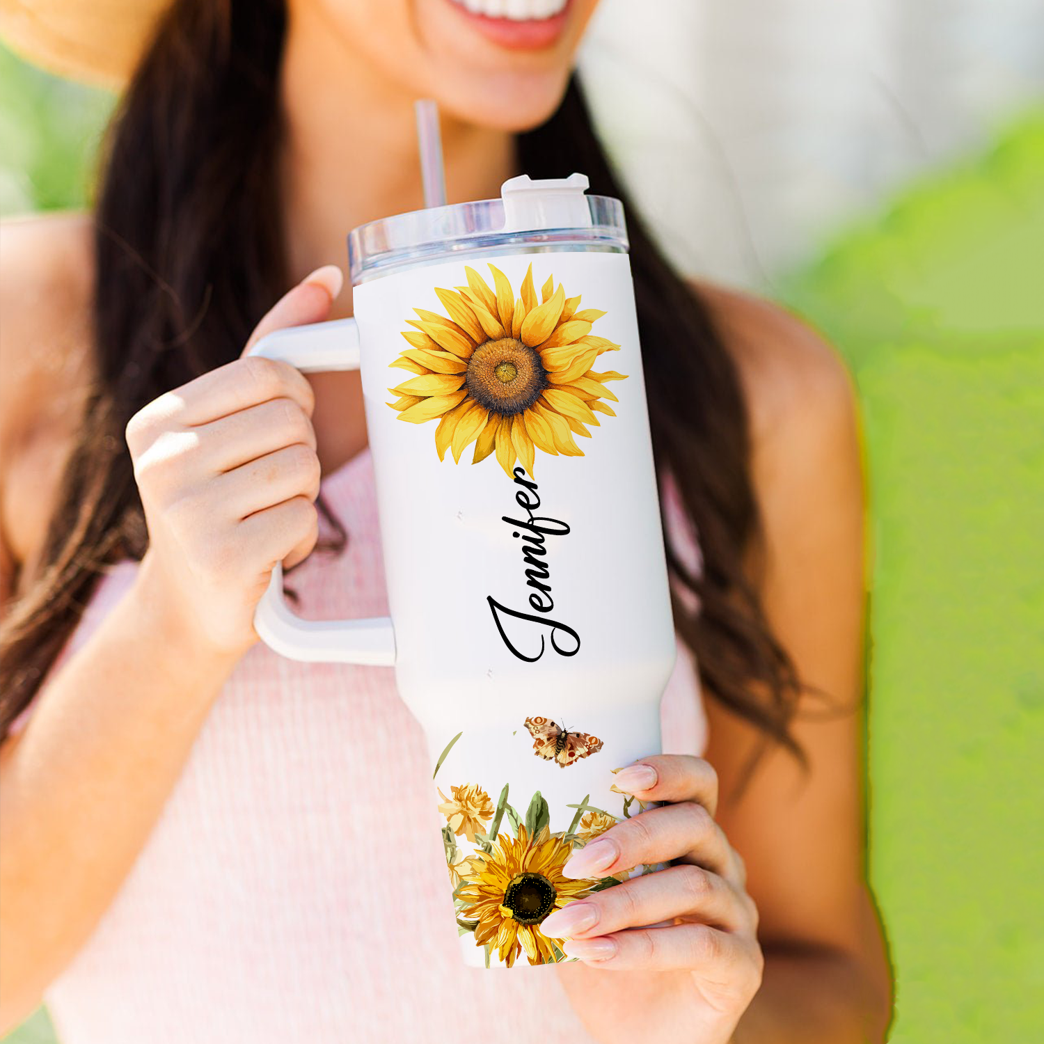 Butterfly Be A Sunflower 40 Oz Tumbler With Handle - Personalized Stainless Steel Tumbler