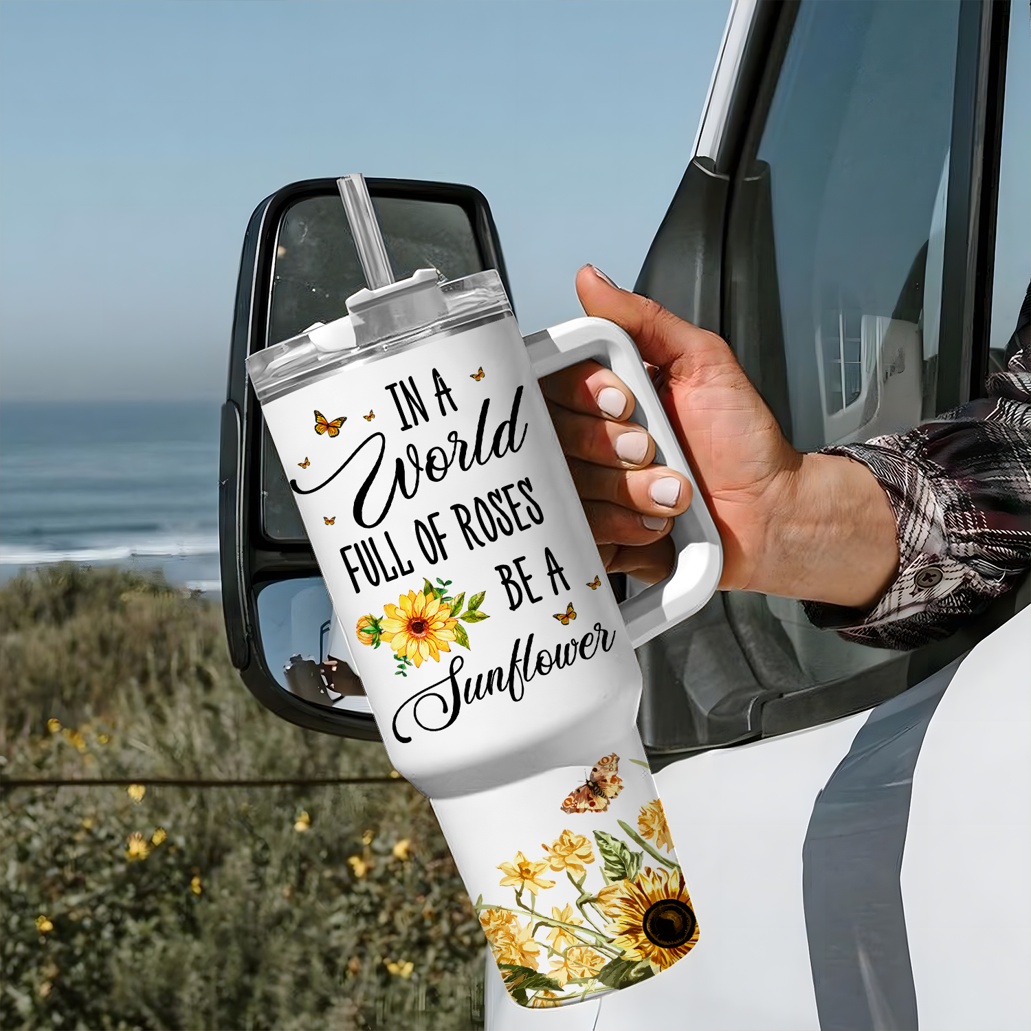 Butterfly Be A Sunflower 40 Oz Tumbler With Handle - Personalized Stainless Steel Tumbler