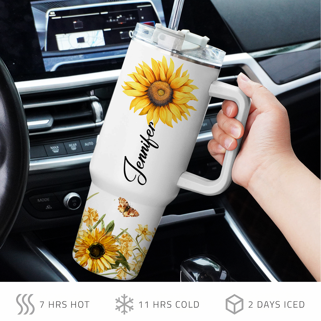 Butterfly Be A Sunflower 40 Oz Tumbler With Handle - Personalized Stainless Steel Tumbler