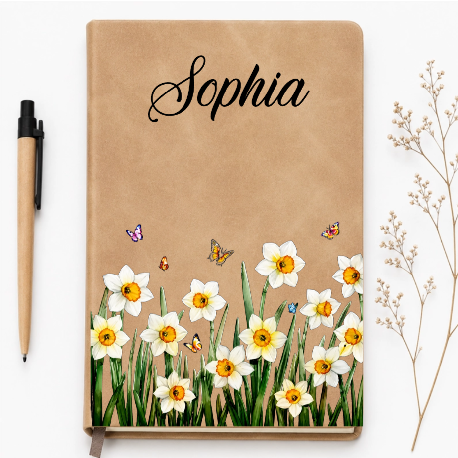 Custom Leather Journal - Personalized Vintage Birth Month Flower Notebook- Gifts for Birthday, Flower Lovers & women