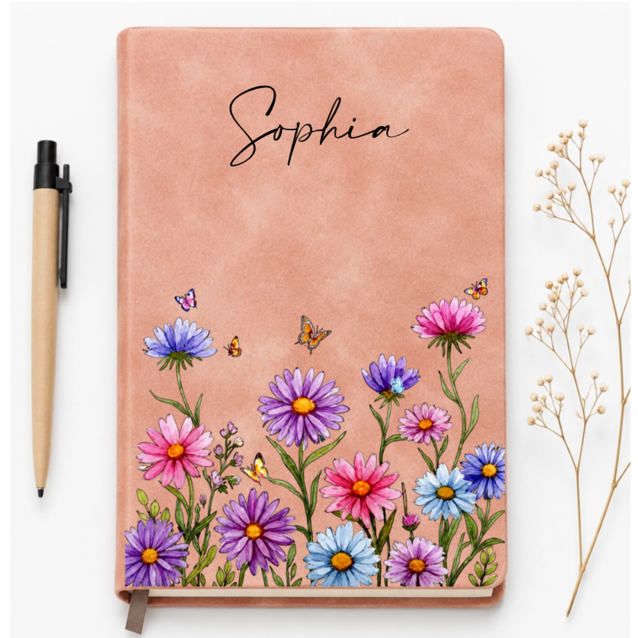 Custom Leather Journal - Personalized Vintage Birth Month Flower Notebook- Gifts for Birthday, Flower Lovers & women