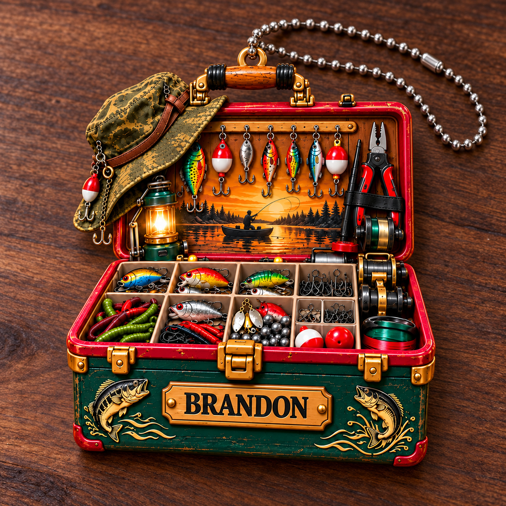 3D Raised Personalized Name Vintage Fishing Tool Box Ornament – Gift for Fishing Lovers