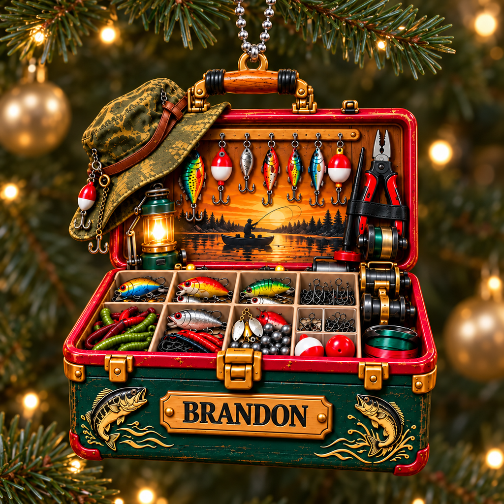 3D Raised Personalized Name Vintage Fishing Tool Box Ornament – Gift for Fishing Lovers