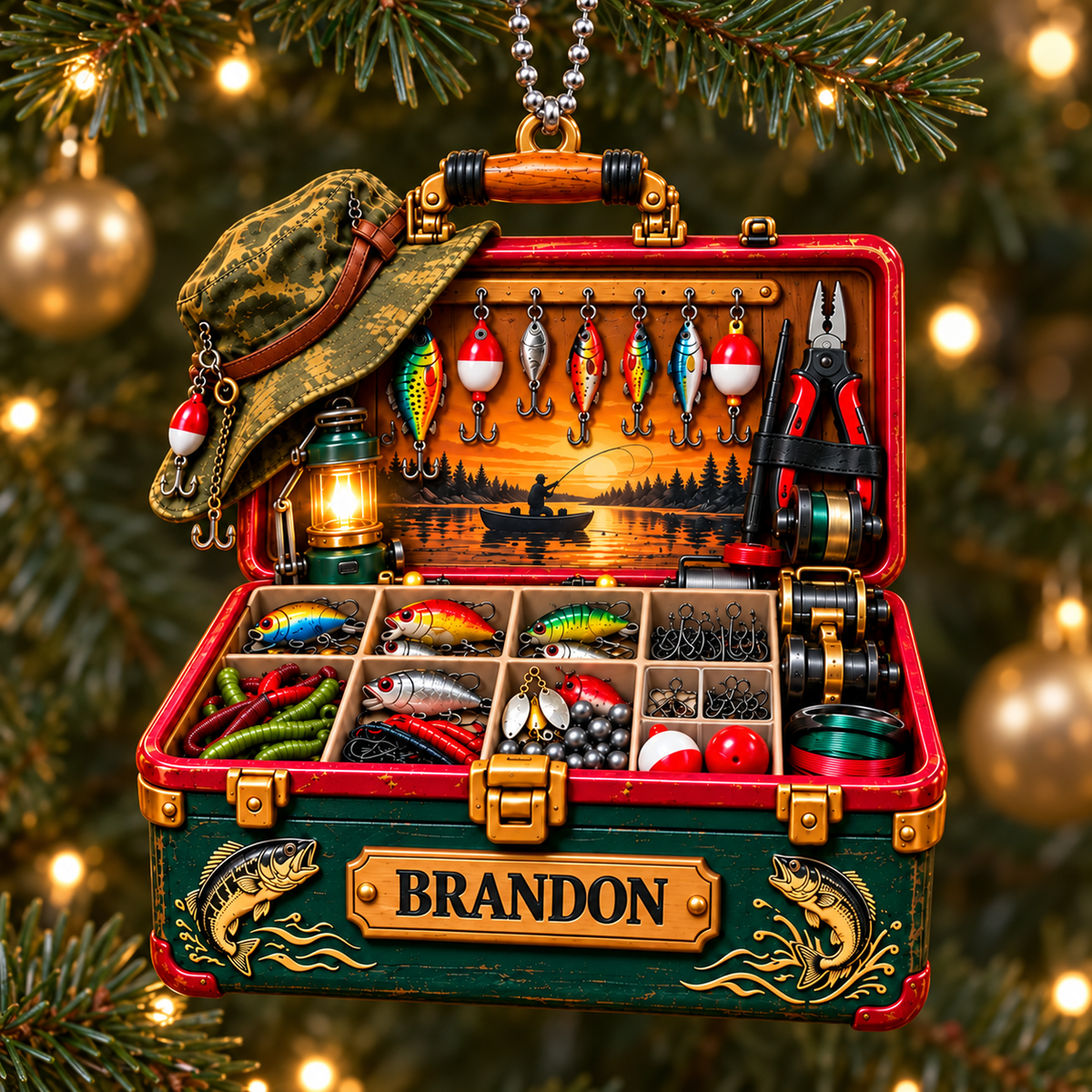 3D Raised Personalized Name Vintage Fishing Tool Box Ornament – Gift for Fishing Lovers