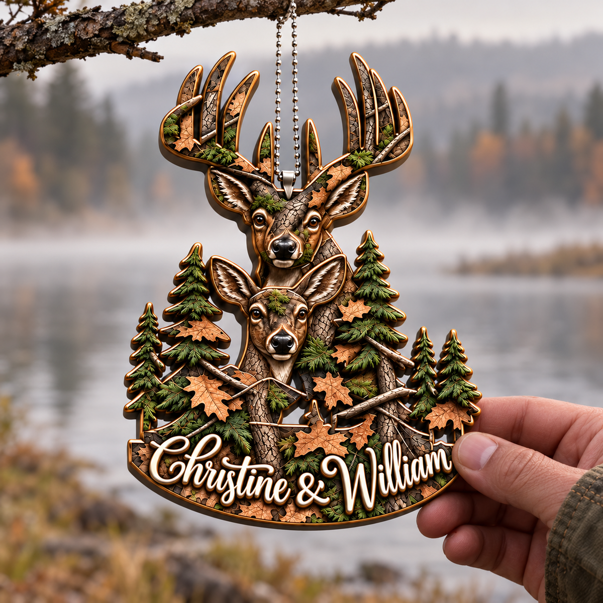 3D Raised Personalized Names Hunting Deer Couple Ornament - Anniversary Gifts