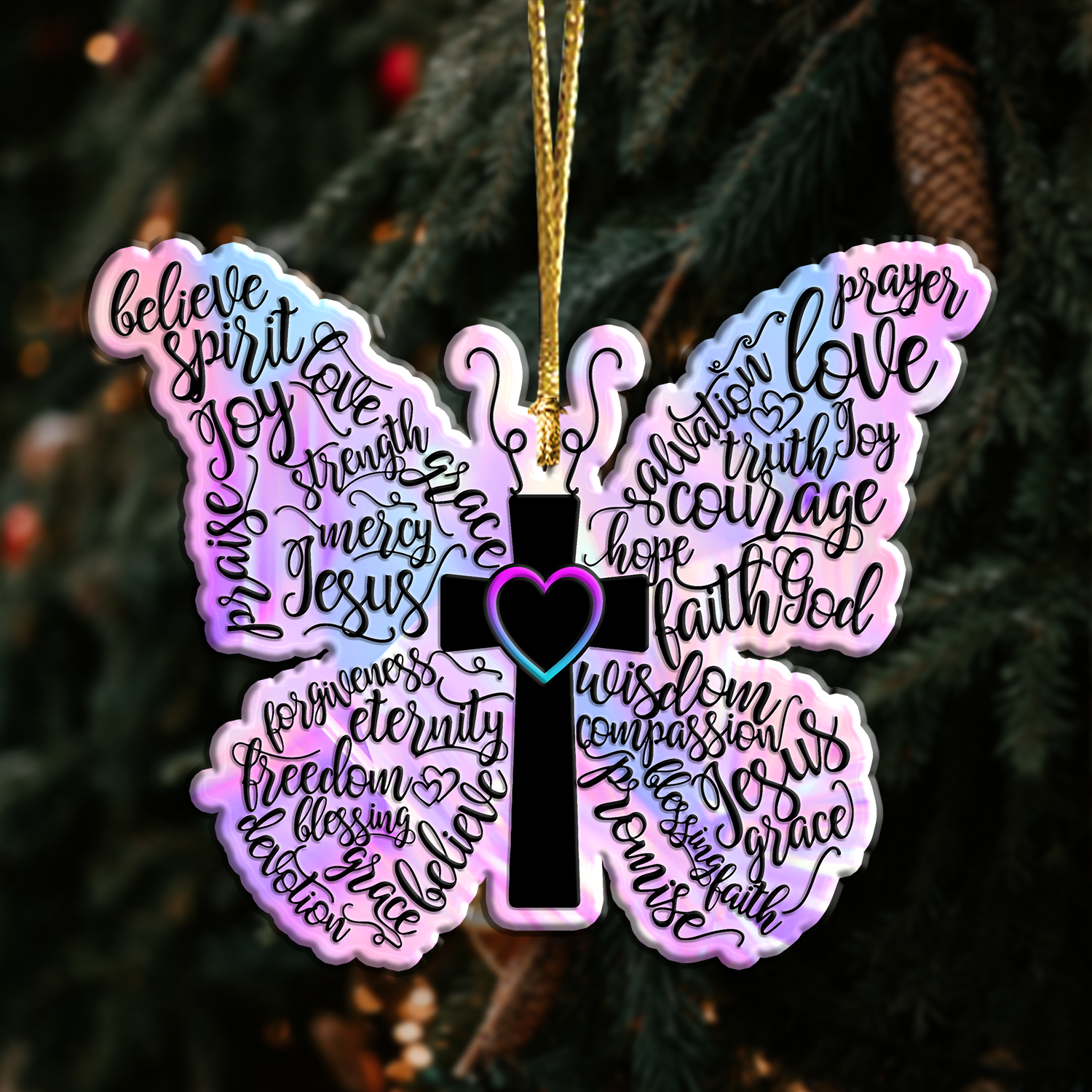 Hologram Butterfly Christian Cross Ornament Gift Bible Verse Christmas Ornament Car Hanging