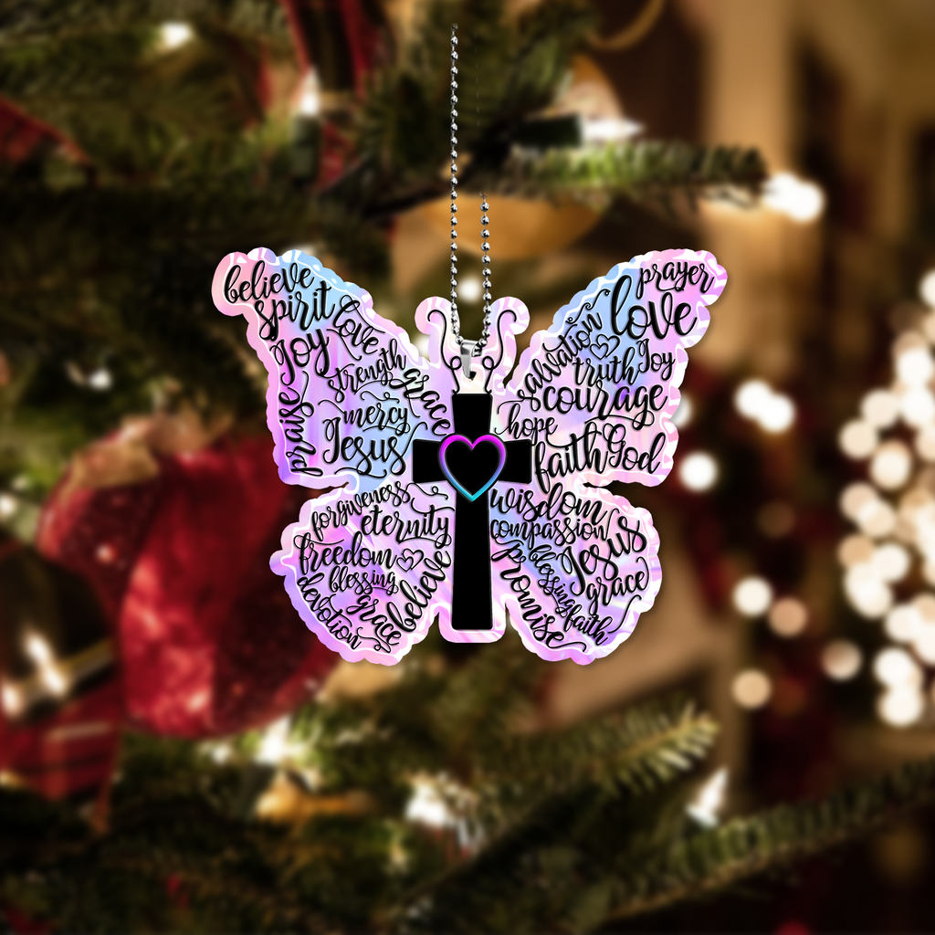 Hologram Butterfly Christian Cross Ornament Gift Bible Verse Christmas Ornament Car Hanging