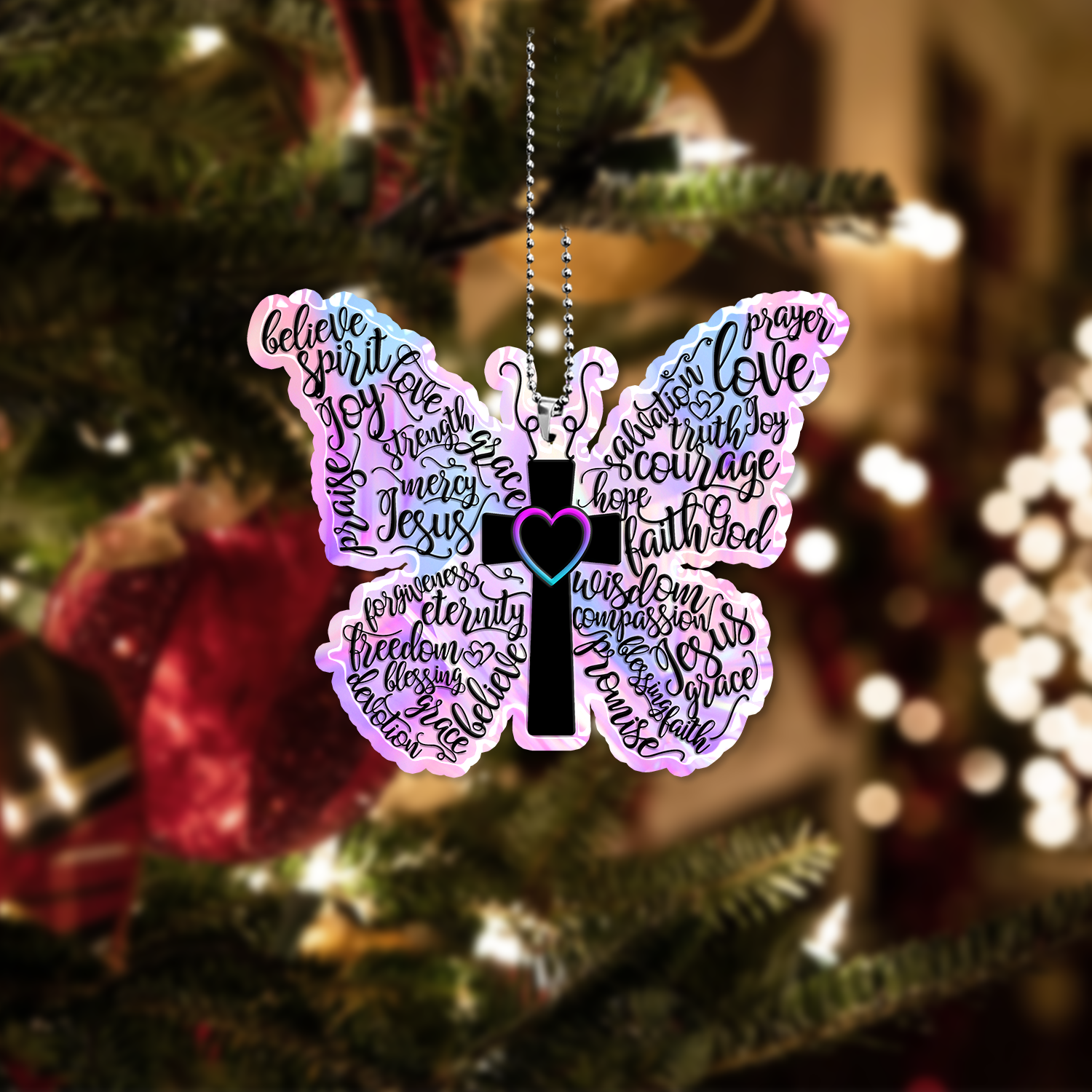 Hologram Butterfly Christian Cross Ornament Gift Bible Verse Christmas Ornament Car Hanging