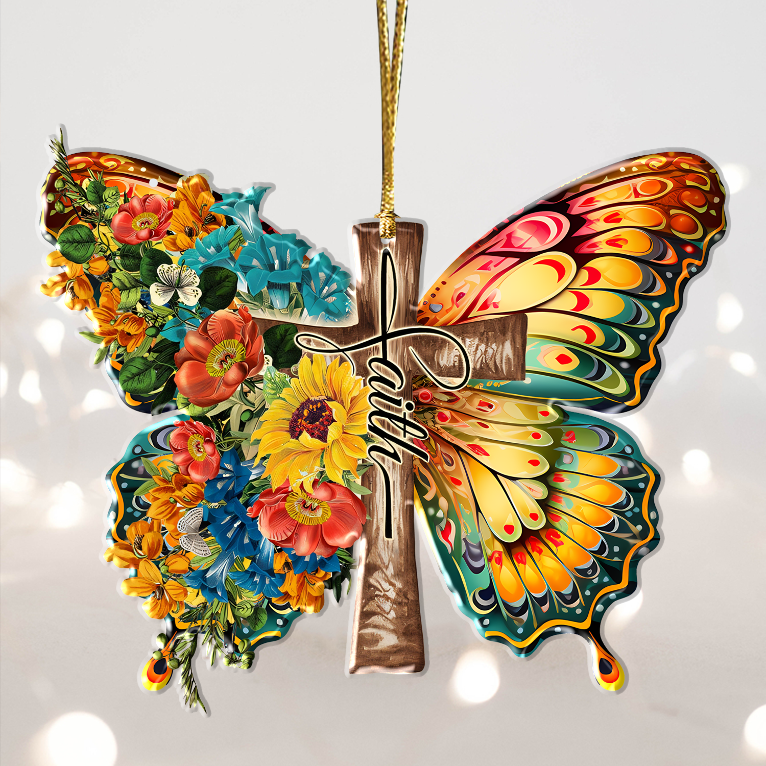 Flowers Butterfly Faith Cross Christian Ornament Gift Christmas Ornament Car Hanging