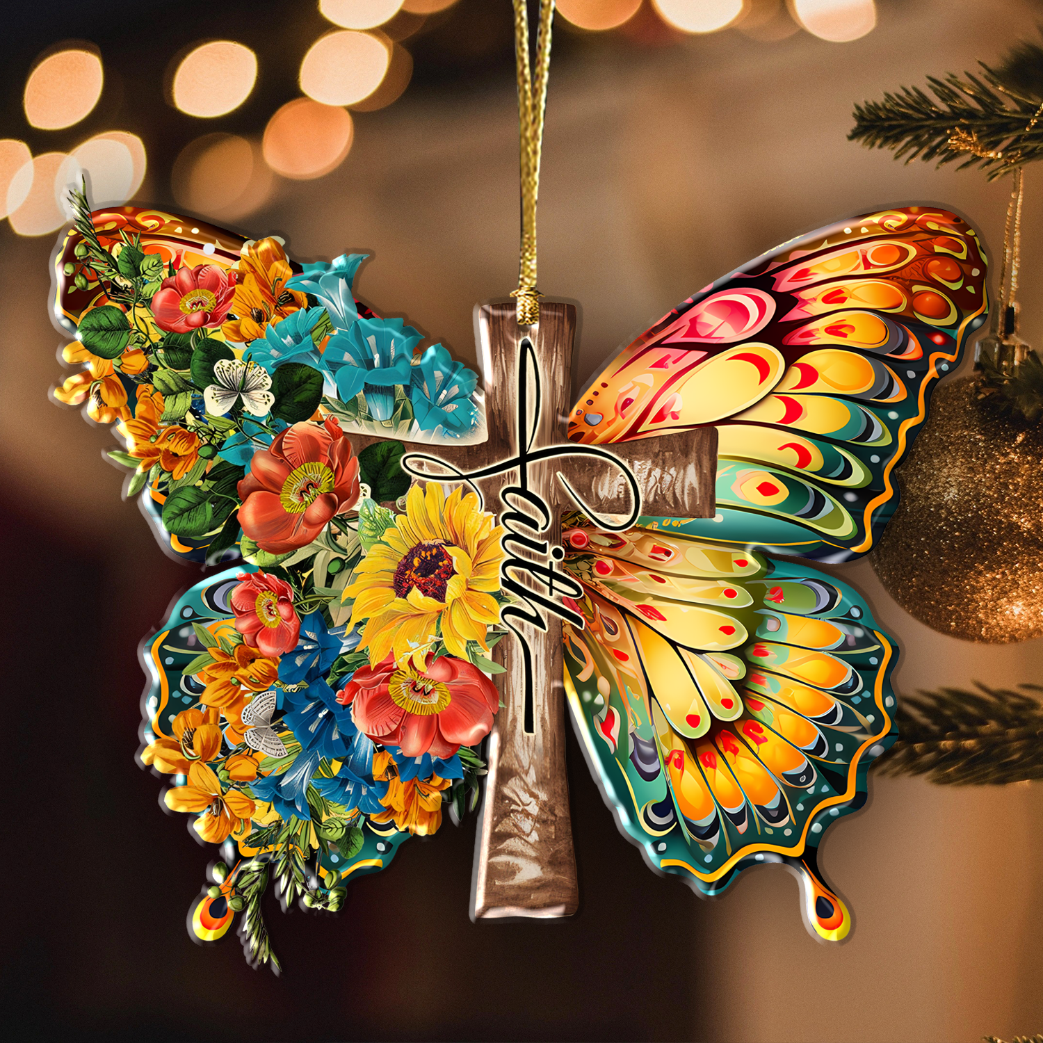 Flowers Butterfly Faith Cross Christian Ornament Gift Christmas Ornament Car Hanging