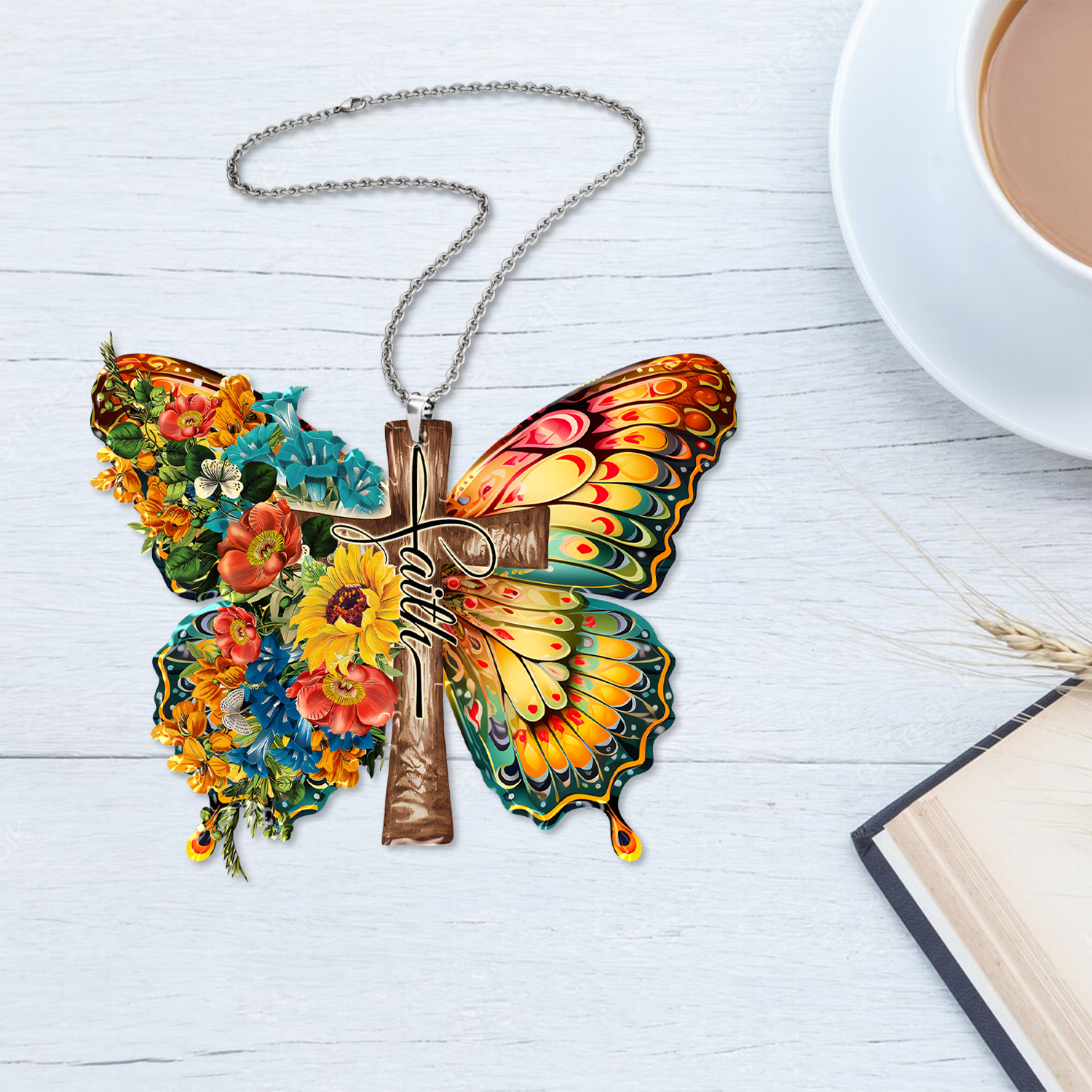 Flowers Butterfly Faith Cross Christian Ornament Gift Christmas Ornament Car Hanging
