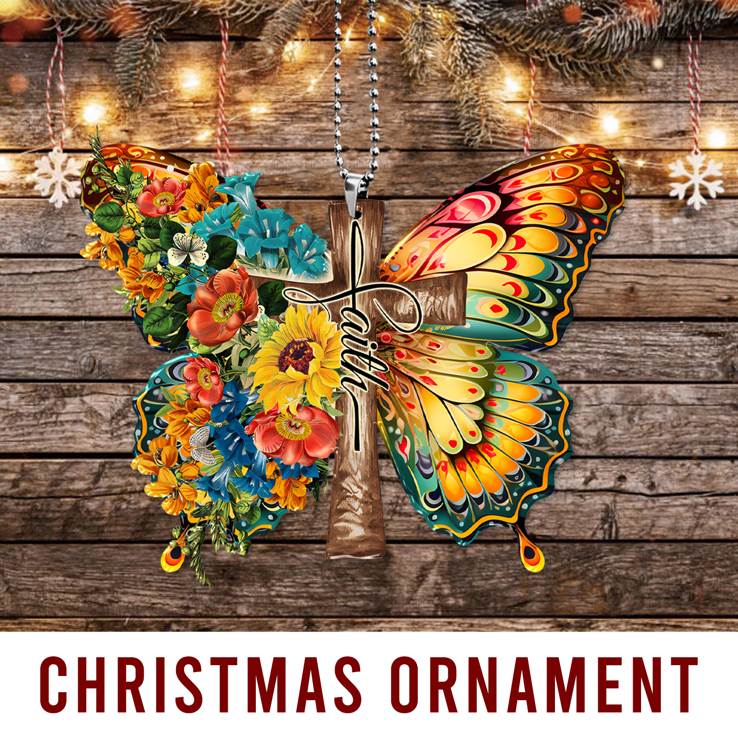 Flowers Butterfly Faith Cross Christian Ornament Gift Christmas Ornament Car Hanging