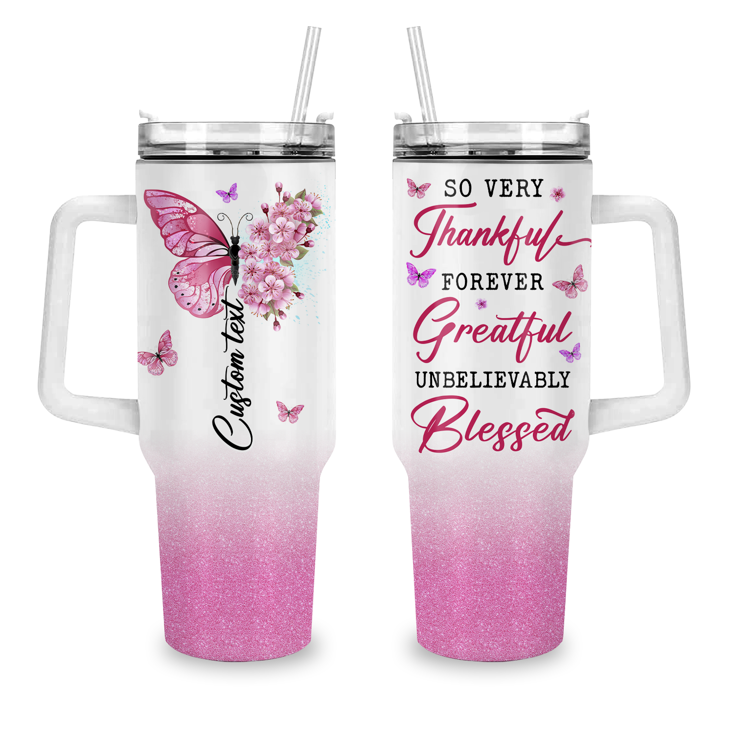 Pink Flower Butterfly Inspirational Christian 40 Oz Tumbler With Handle - Personalized Stainless Steel Tumbler