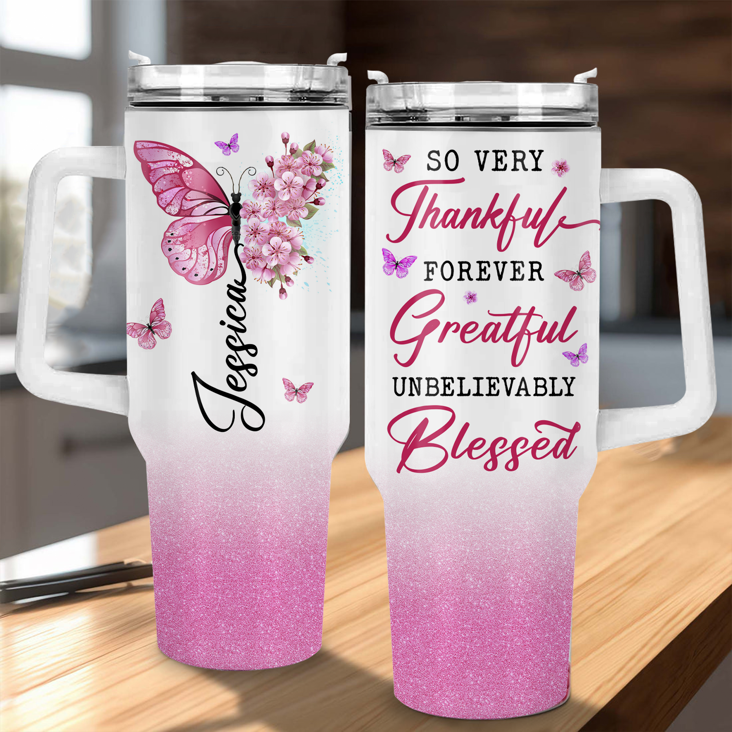 Pink Flower Butterfly Inspirational Christian 40 Oz Tumbler With Handle - Personalized Stainless Steel Tumbler
