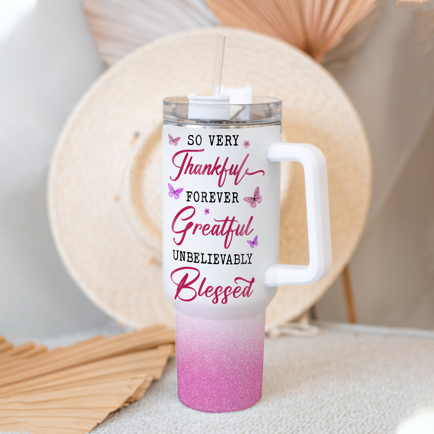 Pink Flower Butterfly Inspirational Christian 40 Oz Tumbler With Handle - Personalized Stainless Steel Tumbler