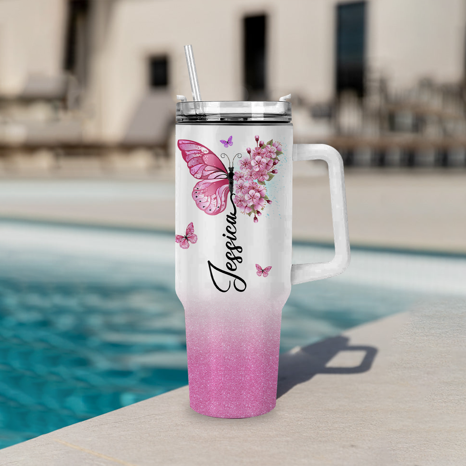 Pink Flower Butterfly Inspirational Christian 40 Oz Tumbler With Handle - Personalized Stainless Steel Tumbler