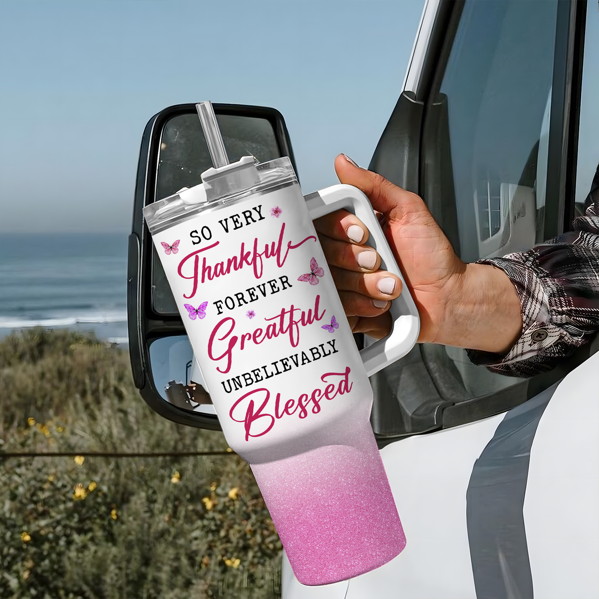Pink Flower Butterfly Inspirational Christian 40 Oz Tumbler With Handle - Personalized Stainless Steel Tumbler