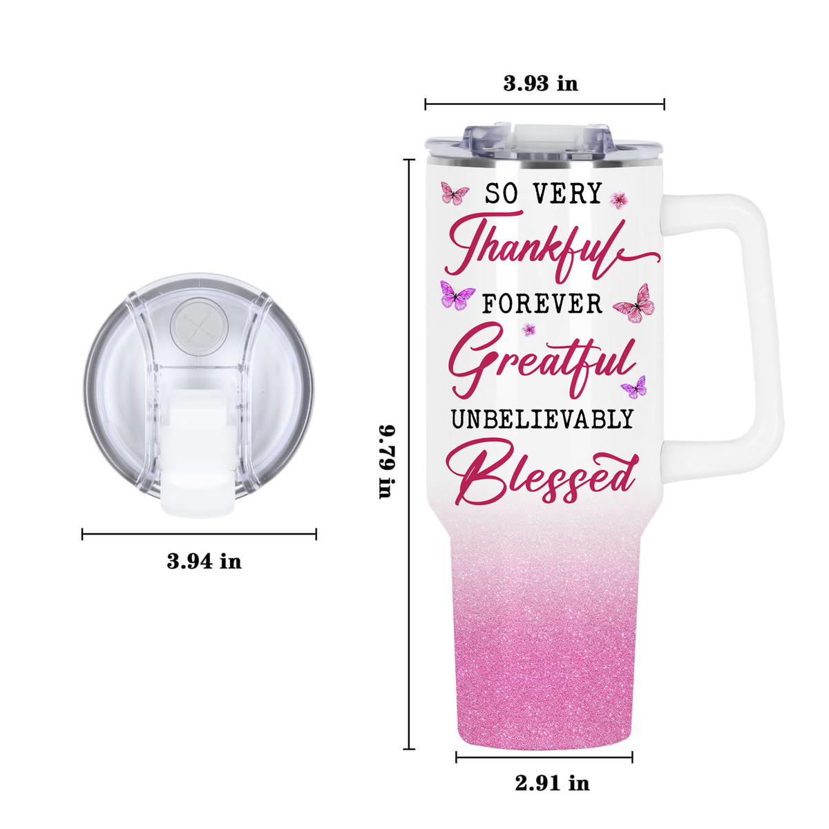 Pink Flower Butterfly Inspirational Christian 40 Oz Tumbler With Handle - Personalized Stainless Steel Tumbler
