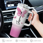 Pink Flower Butterfly Inspirational Christian 40 Oz Tumbler With Handle - Personalized Stainless Steel Tumbler