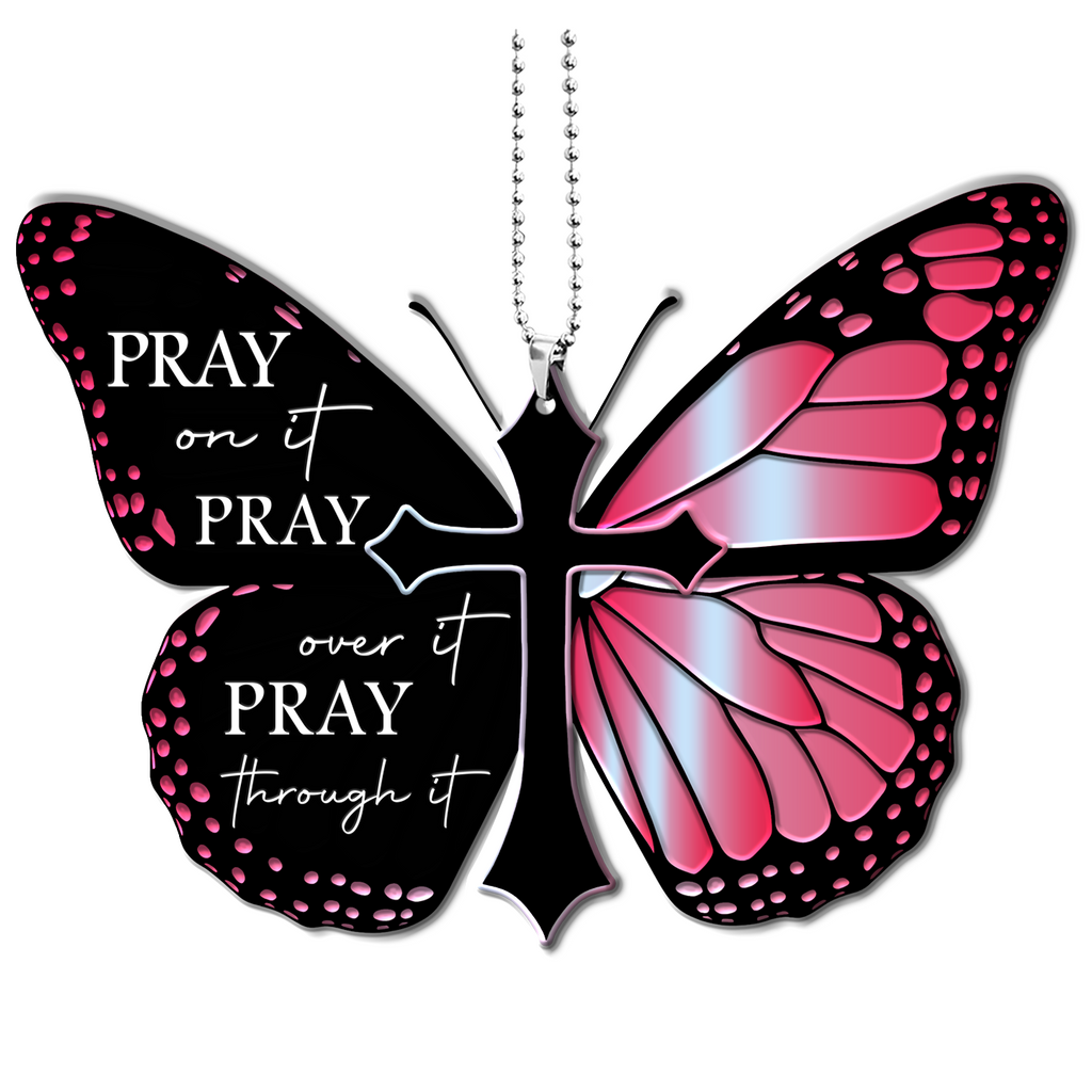 Pink Monarch Butterfly Pray Christian Cross Ornament Gift Bible Verse Christmas Ornament Car Hanging