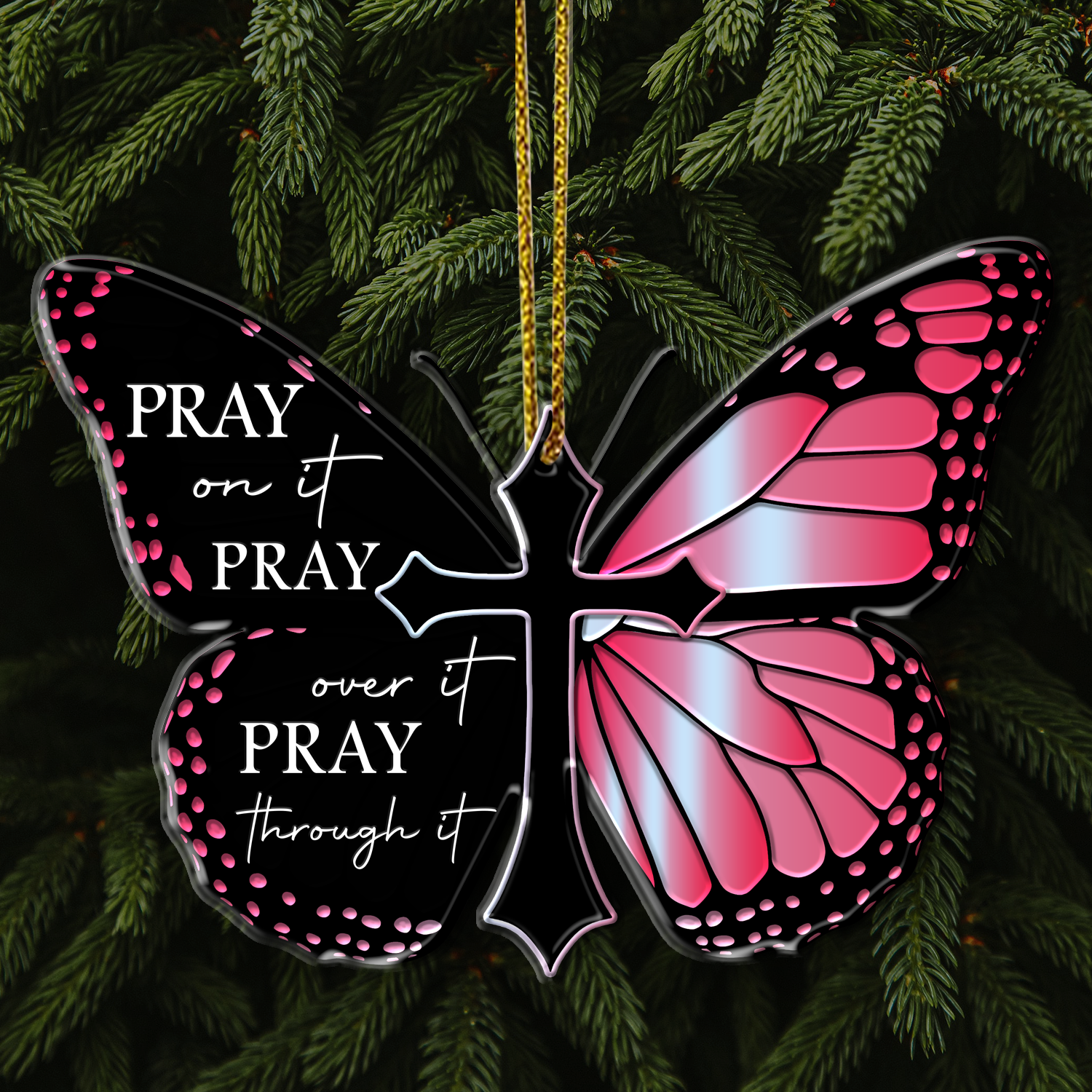 Pink Monarch Butterfly Pray Christian Cross Ornament Gift Bible Verse Christmas Ornament Car Hanging
