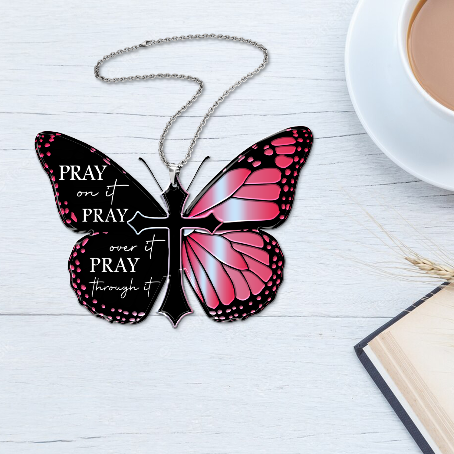 Pink Monarch Butterfly Pray Christian Cross Ornament Gift Bible Verse Christmas Ornament Car Hanging