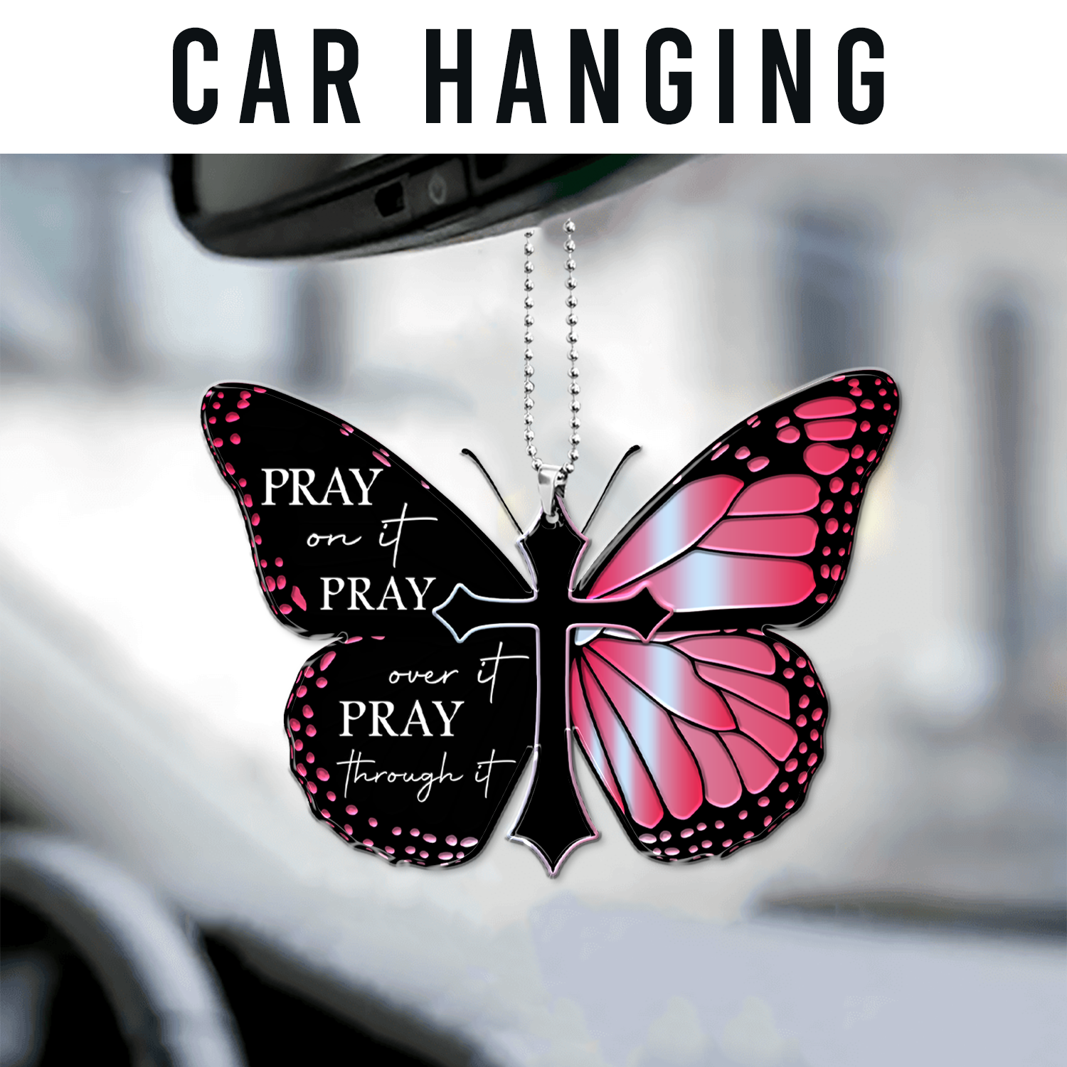 Pink Monarch Butterfly Pray Christian Cross Ornament Gift Bible Verse Christmas Ornament Car Hanging