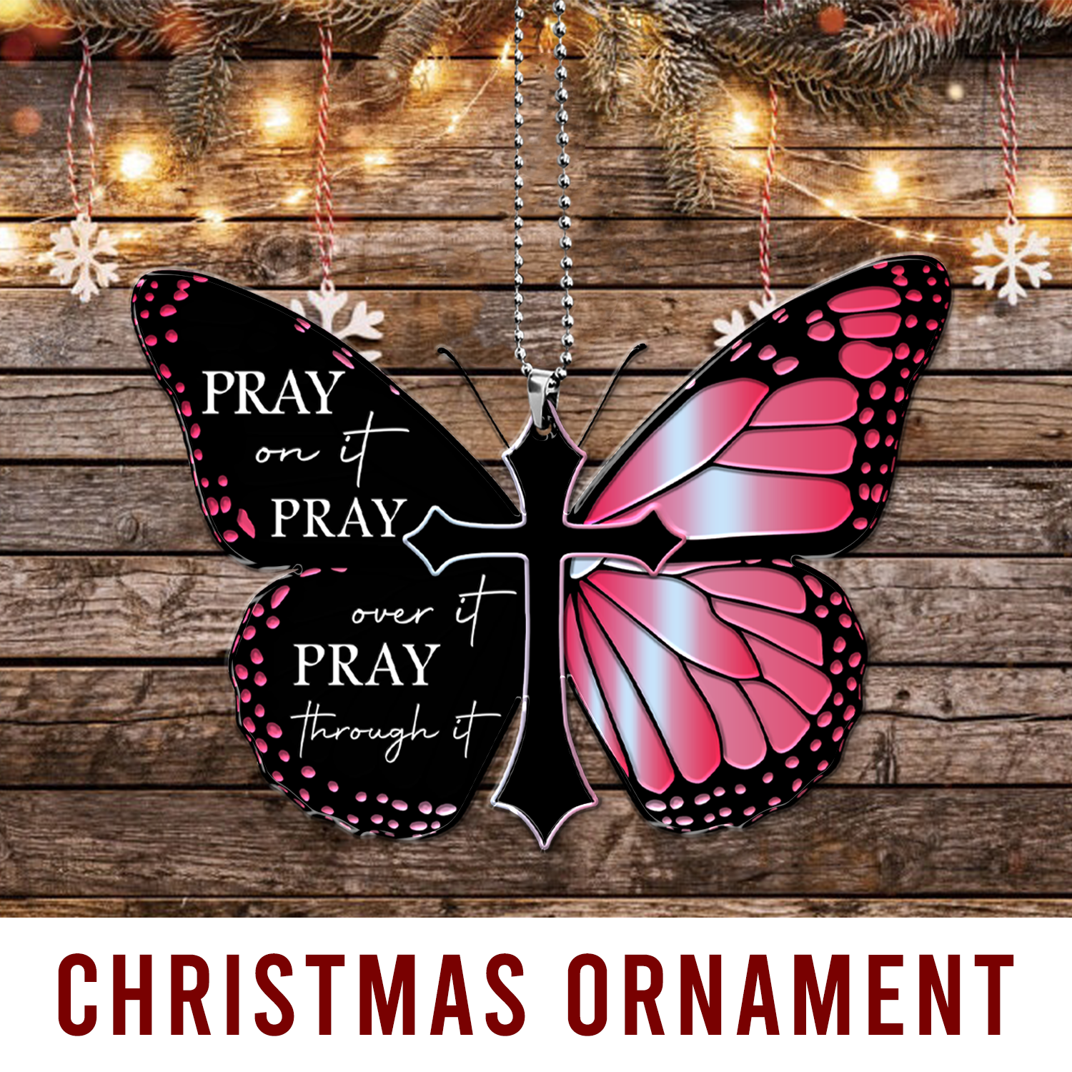 Pink Monarch Butterfly Pray Christian Cross Ornament Gift Bible Verse Christmas Ornament Car Hanging