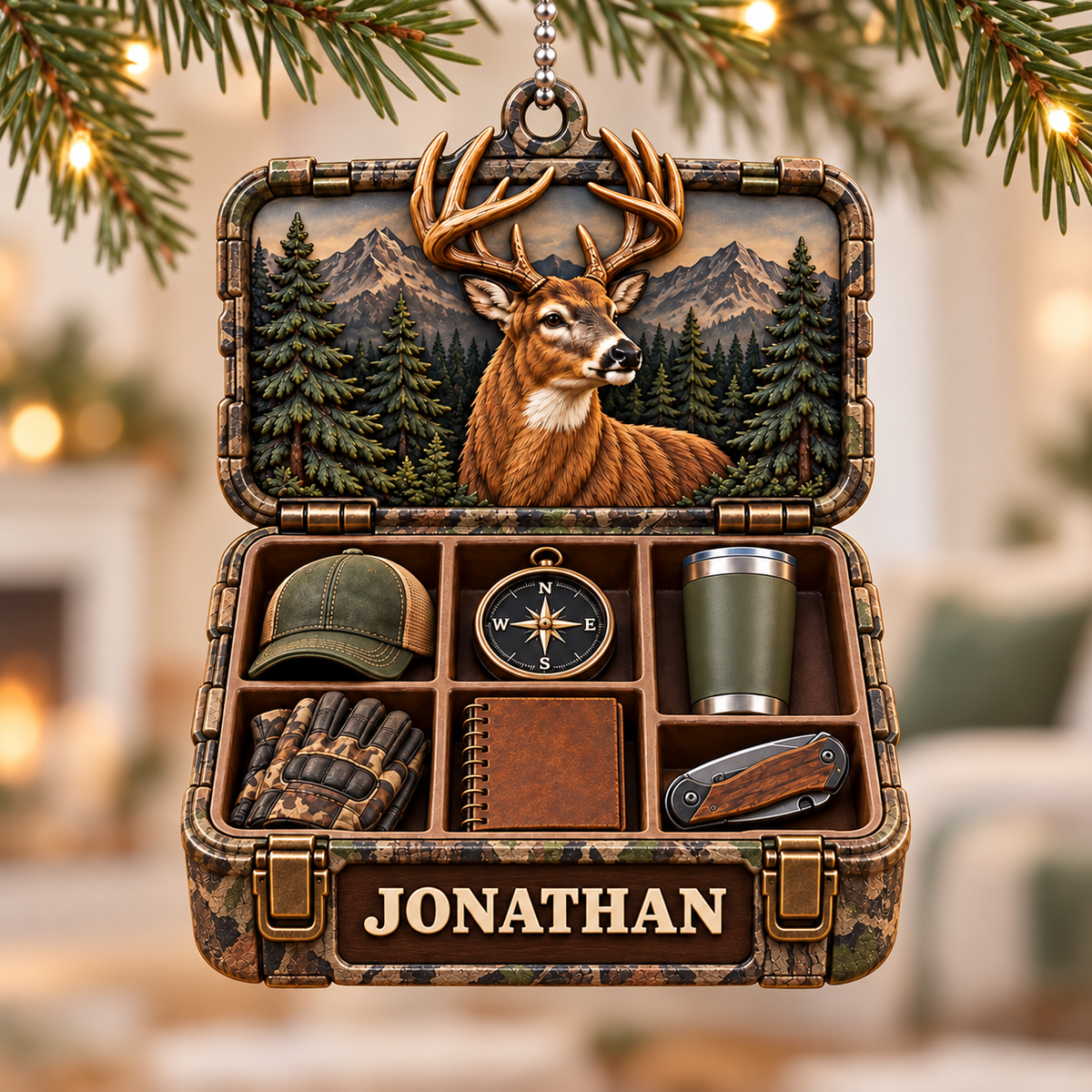 3D Raised Personalized Name Ornament - Hunter Gear Box Ornament Gift for Him