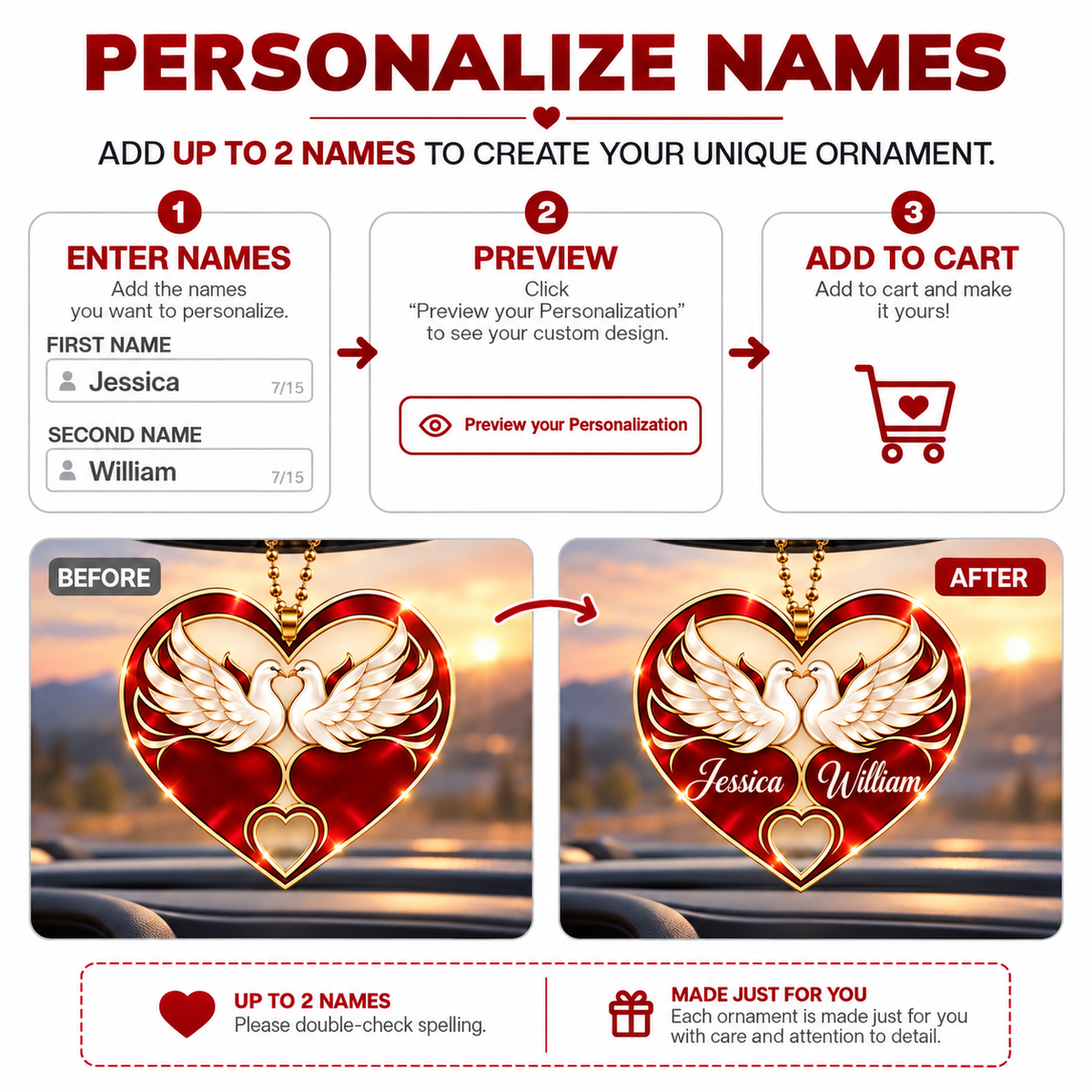 Personalized Names Dove Couple Red Heart Ornament – Anniversary Gift